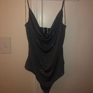 Cow Neck Sparkly Blue Bodysuit